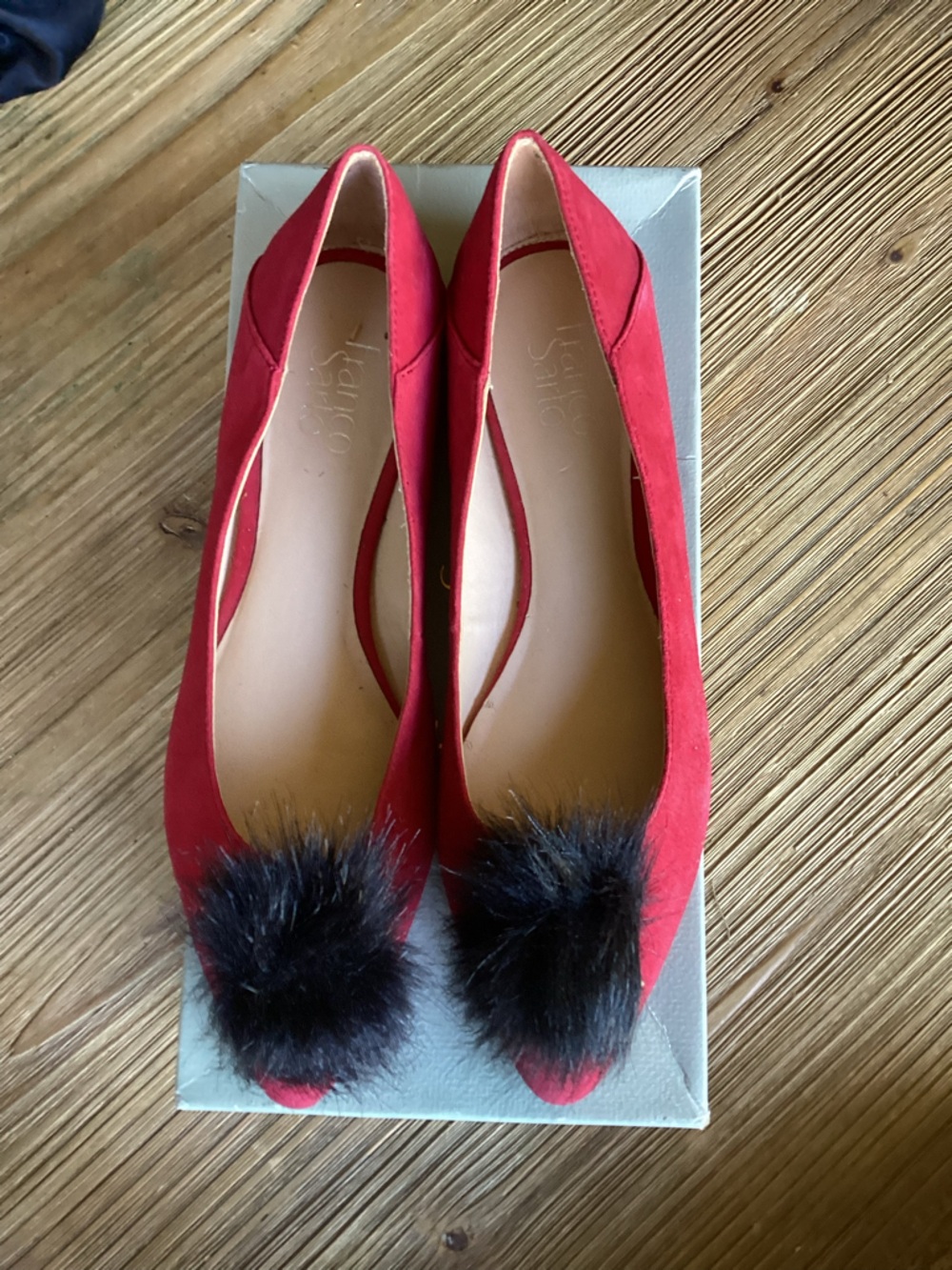 Franco Sarto Red Suede Flats with Black Pom-Poms